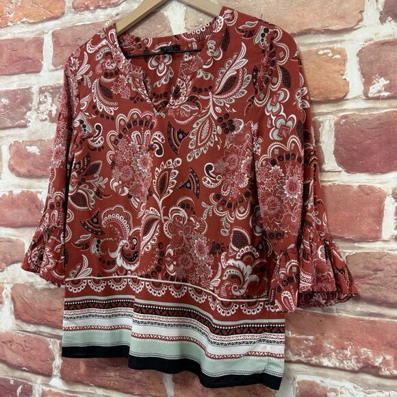 Ann Taylor Loft Top Women's S Rust Red Brown Multicolor Boho Floral Shirt - Picture 3 of 8